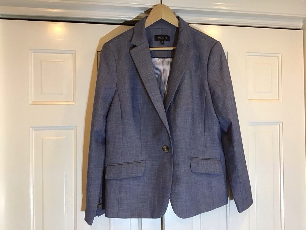 Talbots Blue Knit Blazer Jacket Single Button Women 12 Office Acedemia Classic